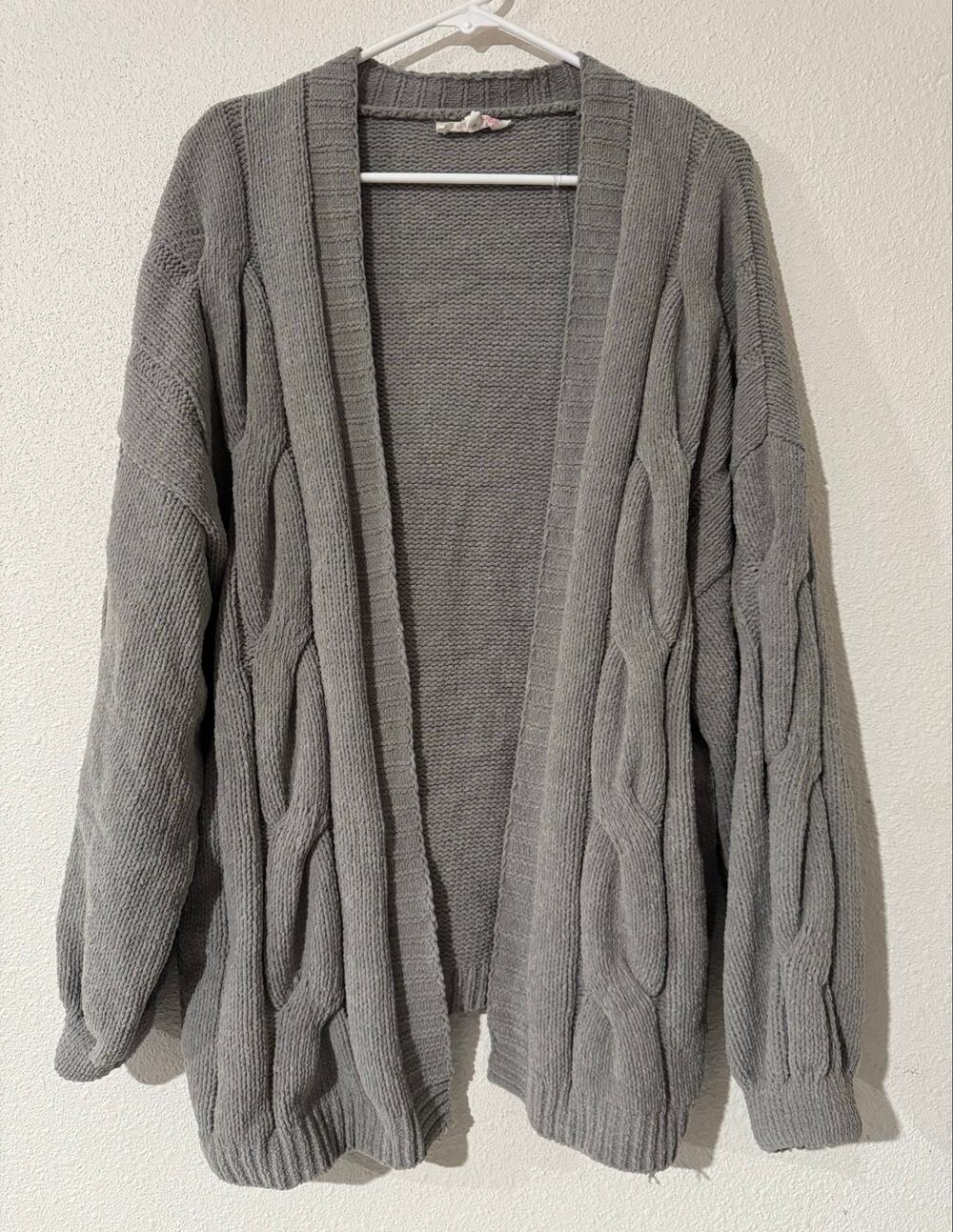 Hazel Moon Oversized Slouchy Preppy Grey Cable Knit Chenille Cardigan Sweater M
